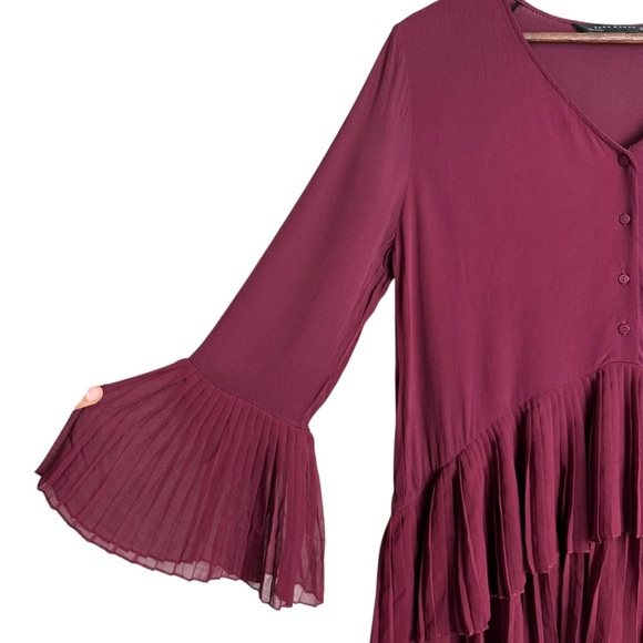 Zara Woman Contrasting Pleated Tunic Dress Burgundy Size S Bell Sleeves V Neck - Picture 5 of 11
